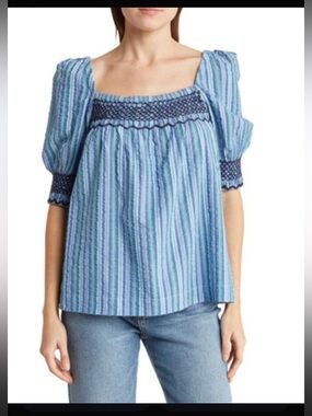 Faherty Blue Striped Square-Neck Puff Sleeve Blouse